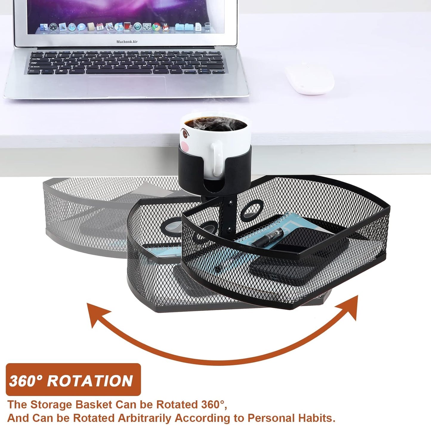 MASTLU Under Desk Organizer,Cup Holder,Table Management Tray, Swivel Pencil Drawer, Office No Drill Steel Organizers,360 Spin Hidden Storage Box with Sturdy C-Clamp,Easy Install (Black)