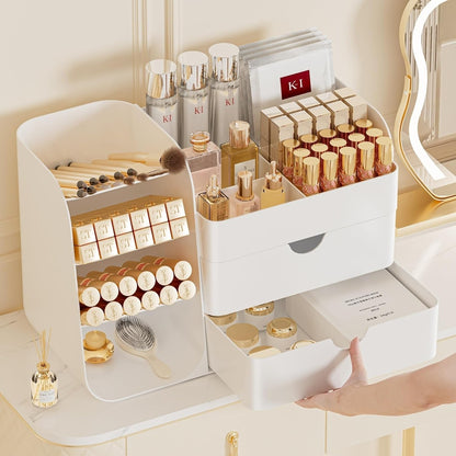 Booklov Makeup Organizer for Vanity, Countertop Cosmetic Display Case with Clear Acrylic Drawers, Bathroom Counter Beauty Caddy, Cute Table Storage Holder for Skincare, Brush Lipsticks, Crystal White