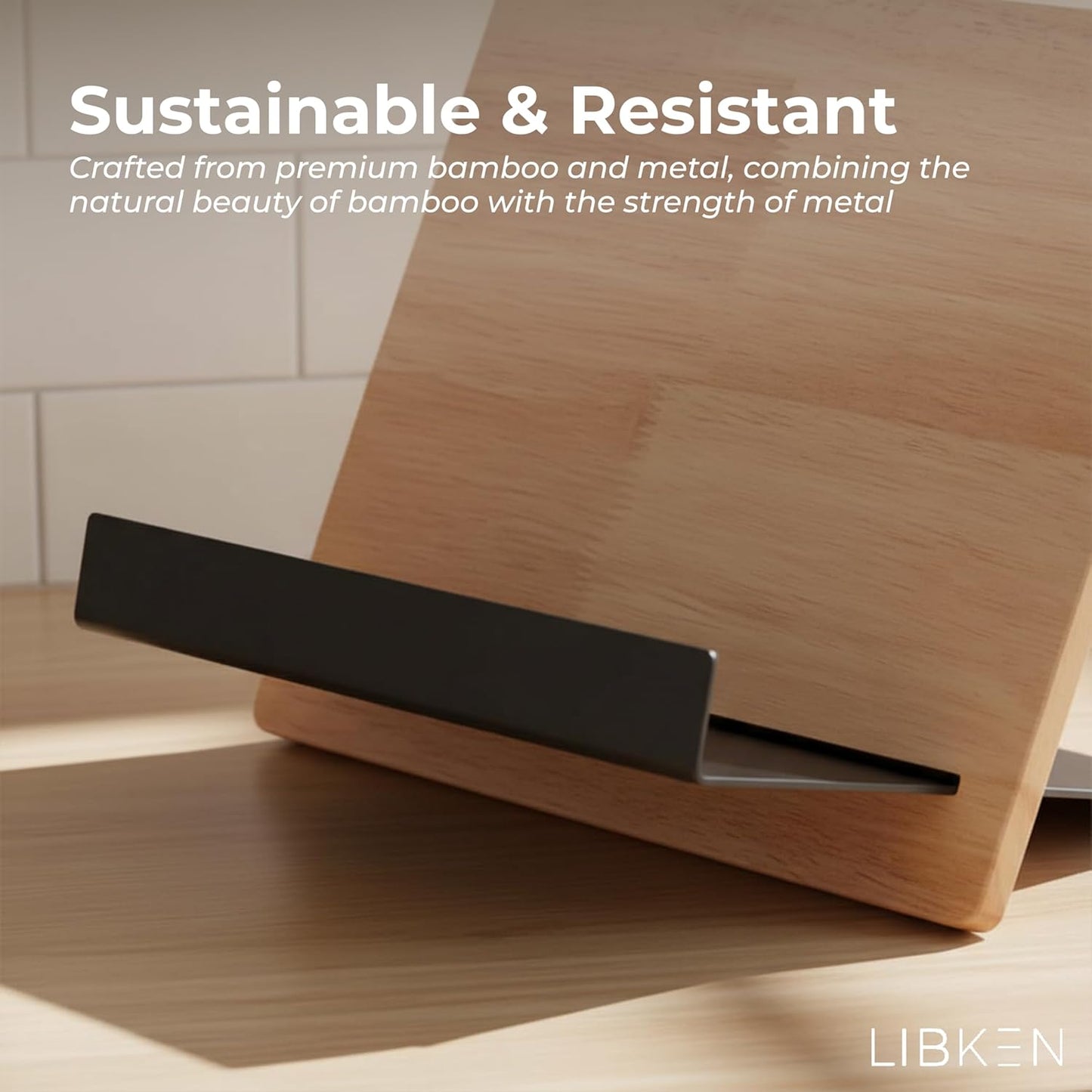 Libken Wooden Book Stand for Reading & Kitchen – Adjustable Cookbook Holder Stand – Rubberwood & Metal Recipe Book Holder – Tablet & Smartphone Stand – Minimal Scandinavian Design - Black
