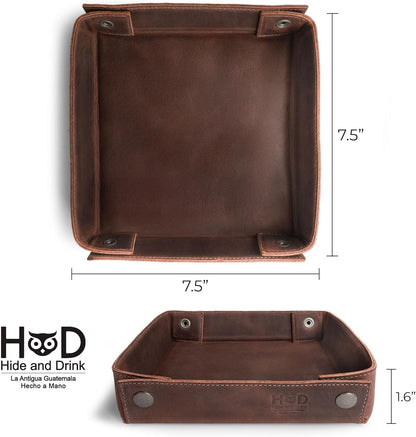 Hide & Drink, Leather Catchall Tray, Easy Access Organizer for Keys, Coins, Change, Jewelry, Watches, Smartphones, Durable, Vintage Style, Handmade :: Bourbon Brown