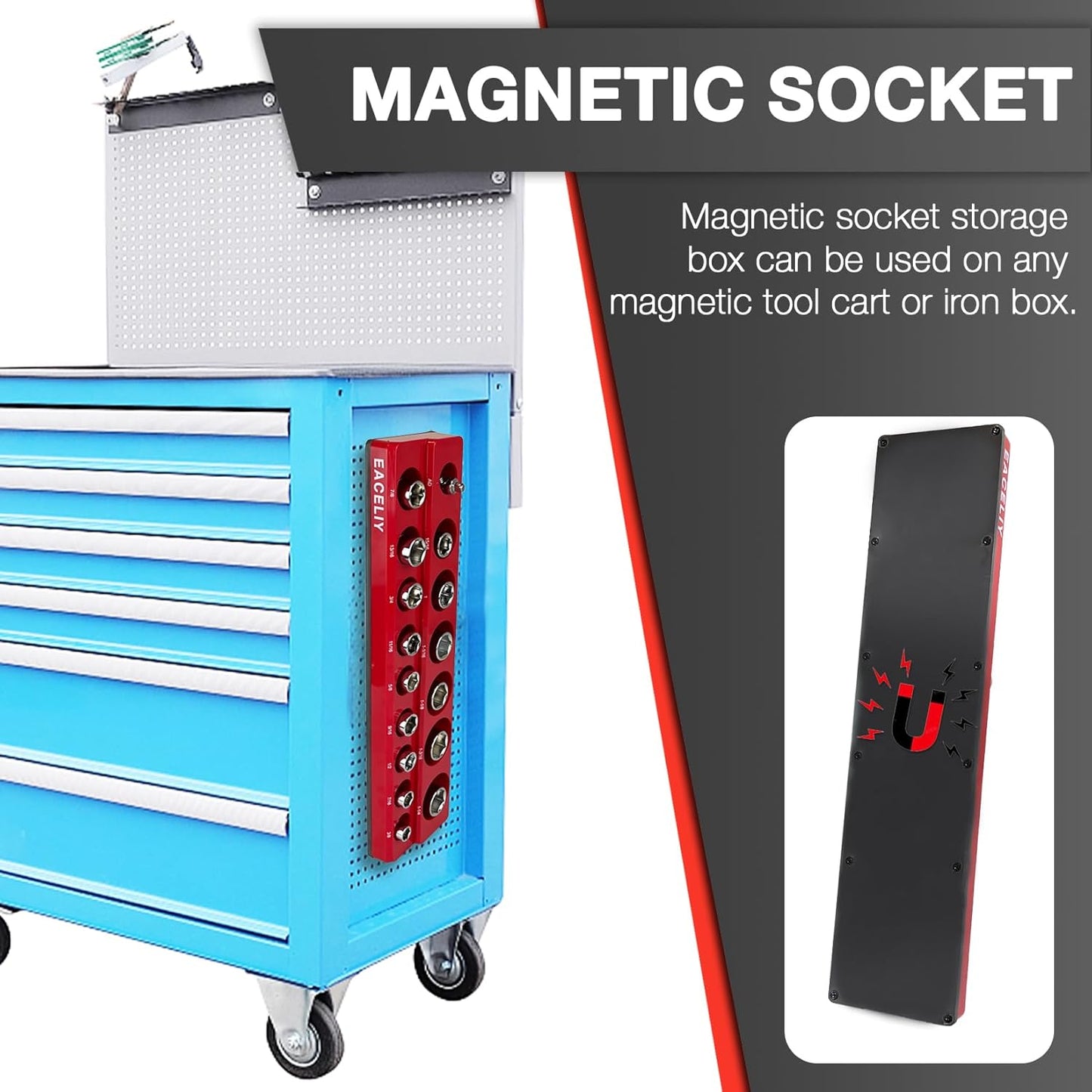 EACELIY 6-Piece Magnetic Socket Organizer Set, 1/2", 1/4" and 3/8" SAE & Metric Deep & Shallow Socket Holder Kit, holds 141 stanard Sockets, attaches to steel box/tool cart (sockets not included)