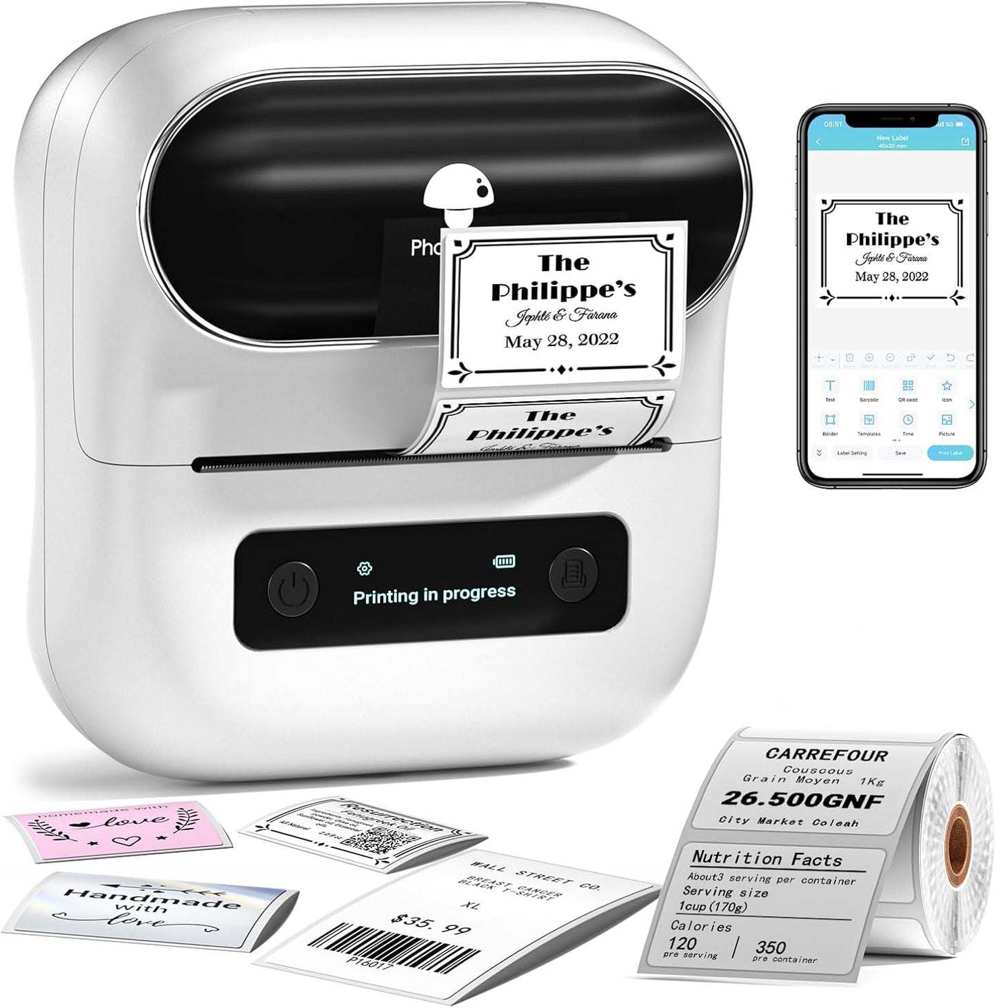 Phomemo Label Maker,M220 Label Printer,3 Inch Bluetooth Thermal Label Maker Machine with 6000+ Icons,700+ Templates,400+ Fonts,for Kids School Items,Small Business,Large Sticker