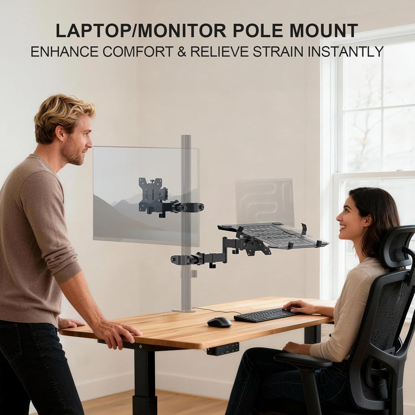 WALI Laptop Desk Mount for 17 inch Notebook, Adjustable Single Monitor Arm with Laptop Holder for 32 inch Screen, Laptops Stand with Ventilated Tray, Up to 22 lbs, (M00LP), Black