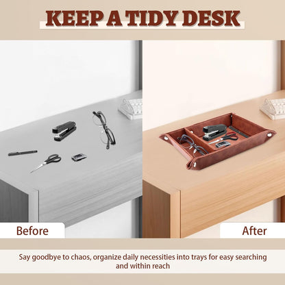 Leather Valet Tray for Men, 2 Compartments Key Tray Nightstand Organizer Vanity Tray Bedside Caddy Entryway Table Catchall Tray for Wallet, Watch, Phone, Coin, Jewelry, Black