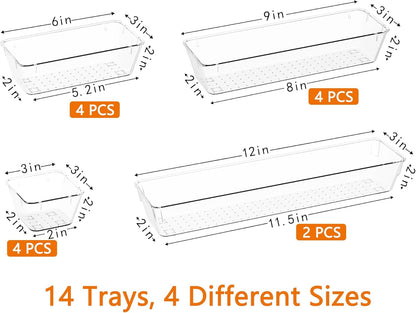 DCA 14 PCS Clear Drawer Organizer, Acrylic Makeup Organizers, Vanity Drawer Organizer Trays, Bathroom Organizers and Storage Bins Ideal Gift for Her