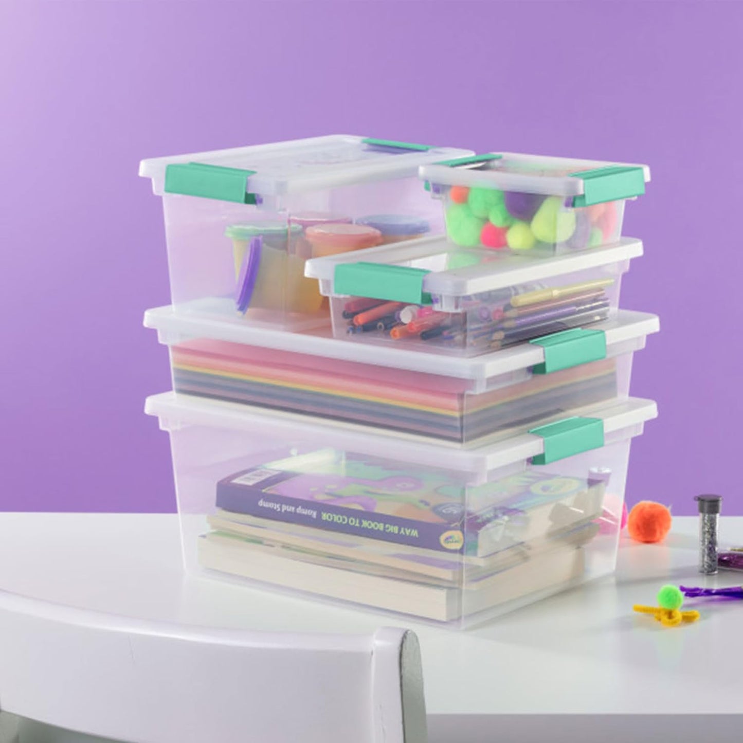 Sterilite 6-Pack Clip Box, Stackable Clear Plastic Bins with Latching Lids, Small - Writing, Arts or Crafts Supplies Storage Containers for Home, Office, Classroom and Workshop Organization