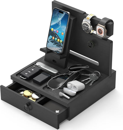 Wood Phone Docking Station with USB Ports and Outlets, Nightstand Organizer with Charging Station, Bedside Organizer with Drawer for Watch & Accessories, Christmas Anniversary Birthday Gifts for Men