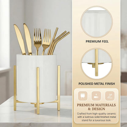 4.72" Gold Pen Holder Aesthetic Pencil Holder for Desk, Gold Desk Organizers and Accessories for Women Girls, Ceramic Pen Holder for Office