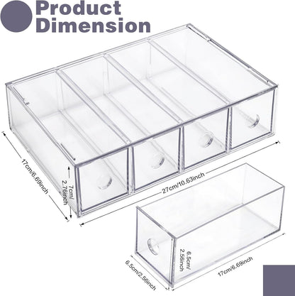 Desk Organizer with 4 Drawers, FODIENS Stackable Desktop Storage Box with Removable Drawer, Clear Sunglasses Organizer Display Case for Stationery Marker Pens Eyeglasses Office Supply