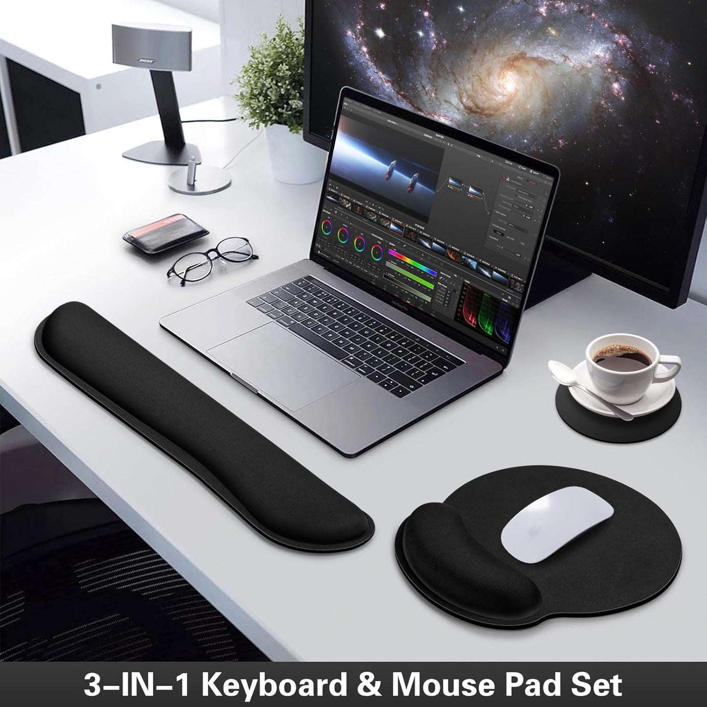Mouse Pad with Wrist Rest Set, Qomolama 3-in-1 Wrist Support Mouse Pad Set, Floral Gaming Mousepad with Anti-Skid Base,Ergonomic Mouse Pad,Memory Foam Keyboard Gel Wrists Rest