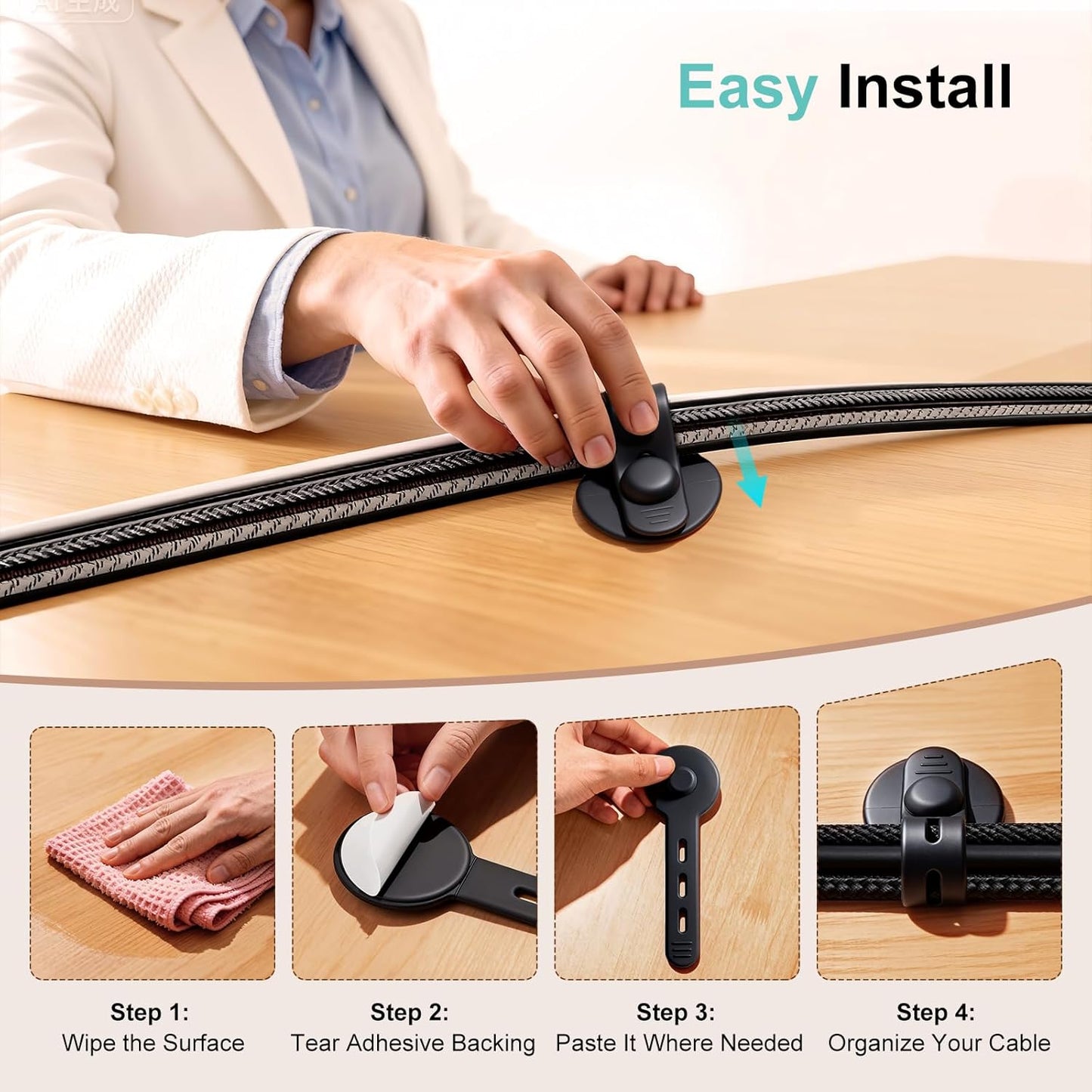 Cable Management Under Desk, 2026 New Upgraded Cord Organizer, Silicone Cable Ties Straps, Adjustable Wire Organizers for Cords, Self Adhesive Sticky-Back Cable Clips Hider Under Table, 12Pcs - Black