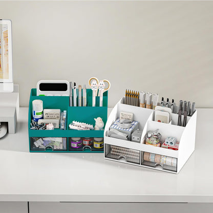 COMFYROOM Desk Organizer with 6 Compartments and 2 Drawers, Plastic Makeup Organizer, Pen Holder for Desktop Storage, Desk Organization for School, Home, Office Supplies (White)