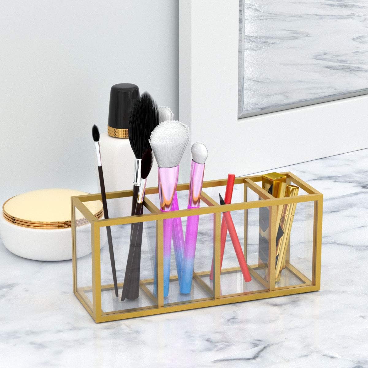 NIUBEE Acrylic Pen Holder 4 Compartments, Clear Pencil Organizer Cup for Countertop Desk Accessory Storage