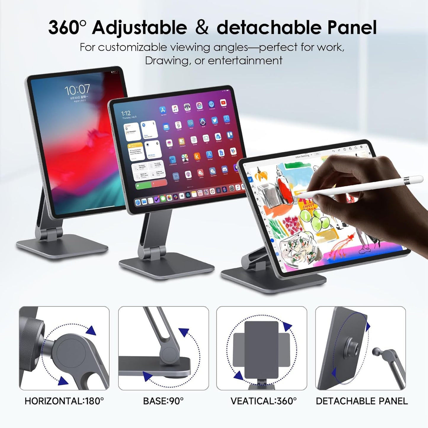 YICOSUN Magnetic iPad Stand for Desk, 360° Adjustable Aluminum Holder, Portable Folding for Office, Kitchen, Drawing, Gaming, Compatible with iPad Air13 M3/M2, iPad Pro12.9 6th/5th/4th/3rd - Gray
