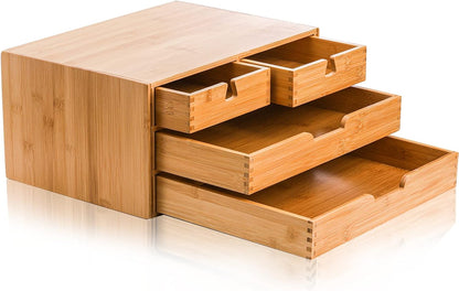 DEAYOU Bamboo Desk Organizer, 100% Natural Bamboo Desktop Drawer Organizer, Tabletop Storage Cabinet Organization Box with 4 Drawers for Makeup, Letter, Home Office Supplies, 3-Layer, Fully Assembled