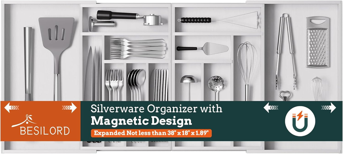 Silverware Organizer Large, Magnetic Connected Expandable 13 Slots Silverware Drawer Organizer From 21 to 37.4 Inches, Adjustable Flatware and Cutlery Holder, Bamboo Utensil Tray for Kitchen Natural