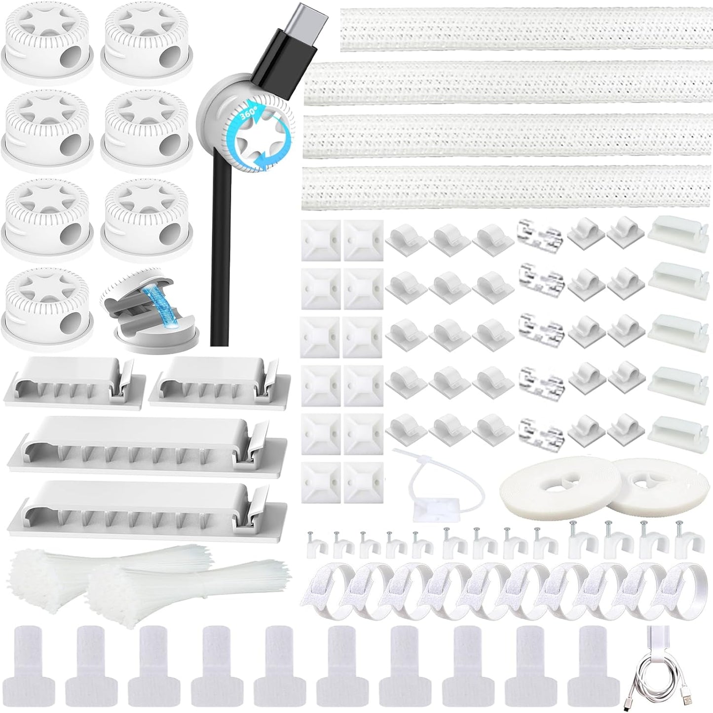 ELII 328Pcs Cable Management Kit, 8 Magnetic Cable Holder,69Adhesive Cable Clips,4 Cable Sleeve Split,22Reusable Cable Strap,200 Nylon Cable Zip Ties with 25 Mounts TV Office (Black)