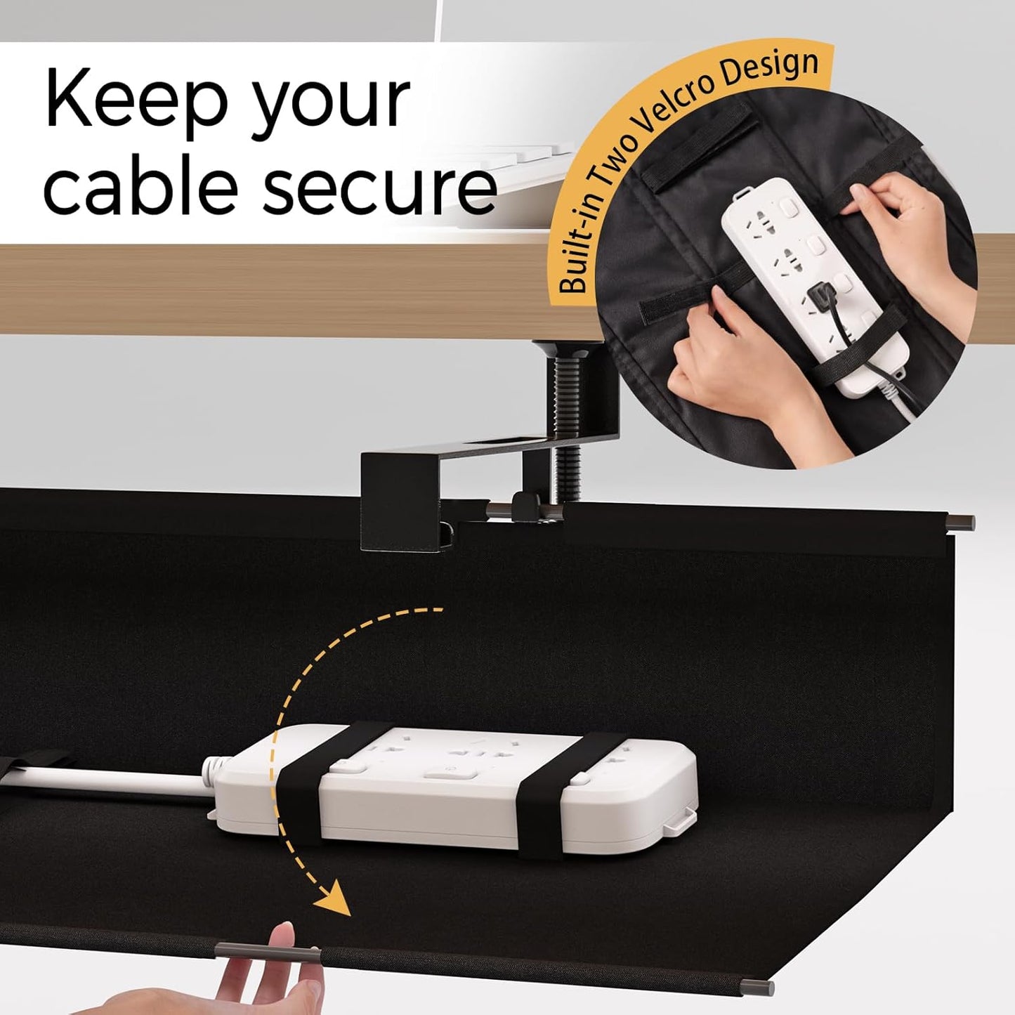 Under Desk Cable Management Tray 27.2" - No Drill Computer Wire Organizer Cable Tray, Cord Hider Clamp Mount with 16X Cable Ties PC Cables Management Cord Holder for Office/Home (Upgrade Fabric,White)
