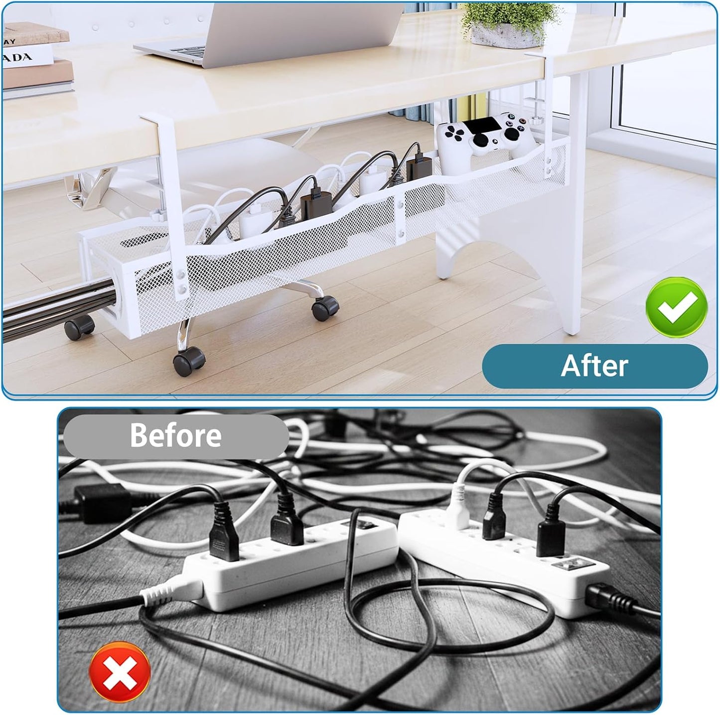 No Drill Under Desk Cable Management Tray, SONATURE 15.7" Cord Organizer for Table, Clamp Mount Desk Cable Management, Premium Carbon Steel Cable Organizer for Office, Home (Black)