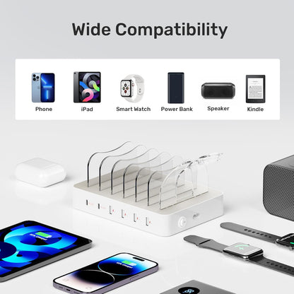 Unitek Fast Charging Station for Multiple Devices, 60W 6 Ports Charging Dock with QC 3.0, USB Charging Station Organizer with 7 Short Charging Cables for Phones, Tablets, and Other Electronics