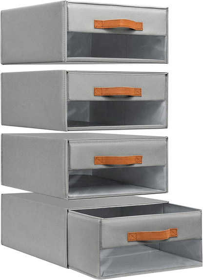 DIMJ Closet Organizers and Storage - Fabric Bins with Drawers for Closet Foldable Clothes Organizers with Clear Window, Stackable Storage Drawers Units for Bedroom, Living Room, 4-Pack, Grey