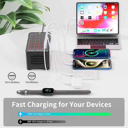150W(30A) USB Charging Station, 30-Port USB C Charger Block, Multiple Desktop/Wall Fast Charger with Intelligent Protection Compatible with iPhone, iPad, Tablets, Smartphones