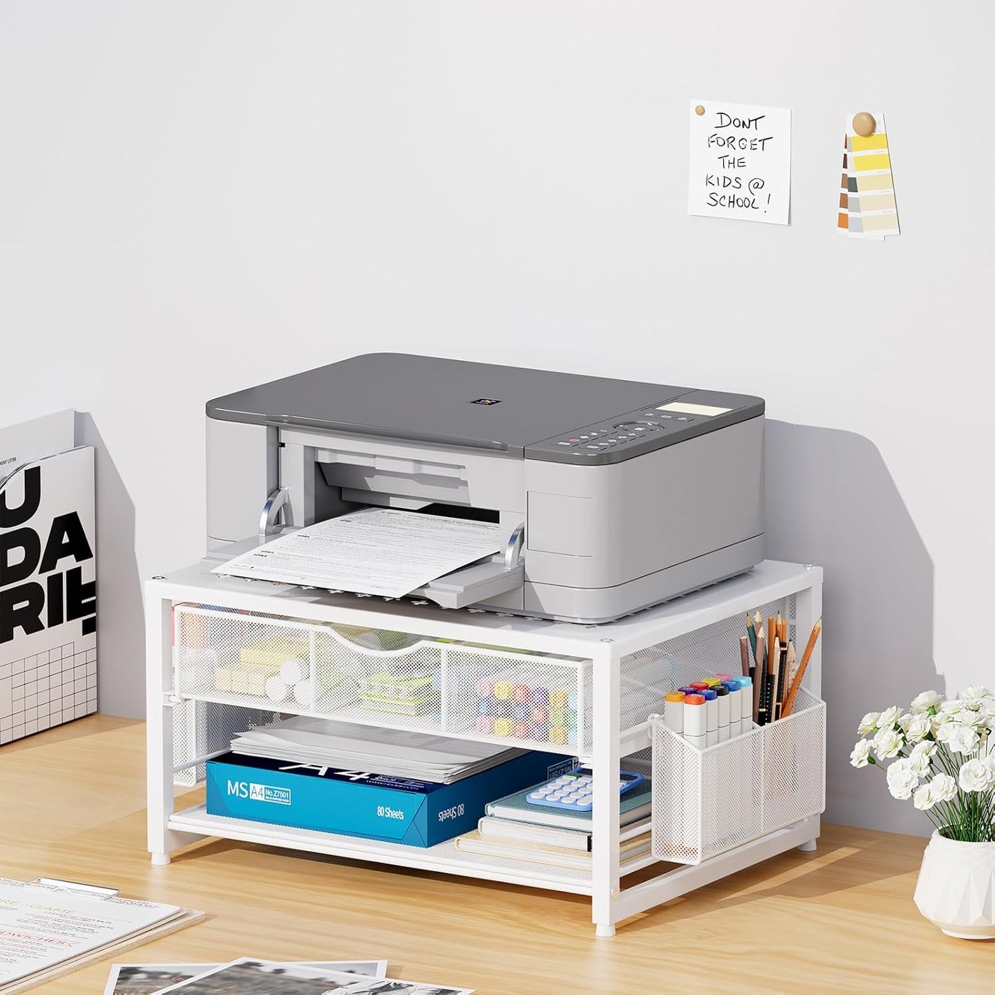 Marbrasse Metal Printer Stand for Desk with Storage Drawer and 2 Pen Holders, 2-Tier Desktop Organizer Printer Table for Home Office, Multi-Purpose Desk Organizer for Fax Machine Scanner Files(Black)