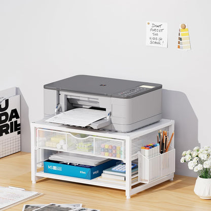 Marbrasse Metal Printer Stand for Desk with Storage Drawer and 2 Pen Holders, 2-Tier Desktop Organizer Printer Table for Home Office, Multi-Purpose Desk Organizer for Fax Machine Scanner Files(Black)