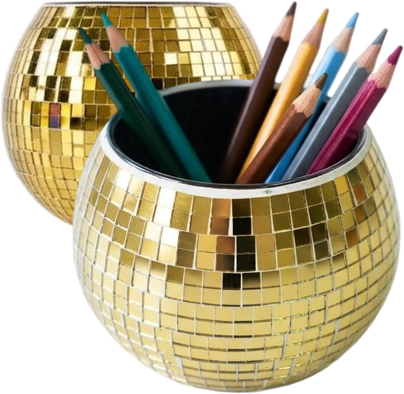 2 Pack Glass Disco Ball Makeup Brush with Smooth Grouting - Premium Mirror Mosaic Pencil Cup for Desk, Cute Pen Holder, Aesthetic Room Decor Gift (Iridiscente)