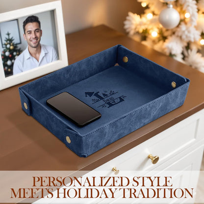 Engraved Leather Valet Tray for Men – Personalized Catchall with Custom Name for Desk, Dresser, Nightstand – Men's Organizer Tray for Keys, Wallet, Jewelry, Personalized Gift for Home, Office - Coffee