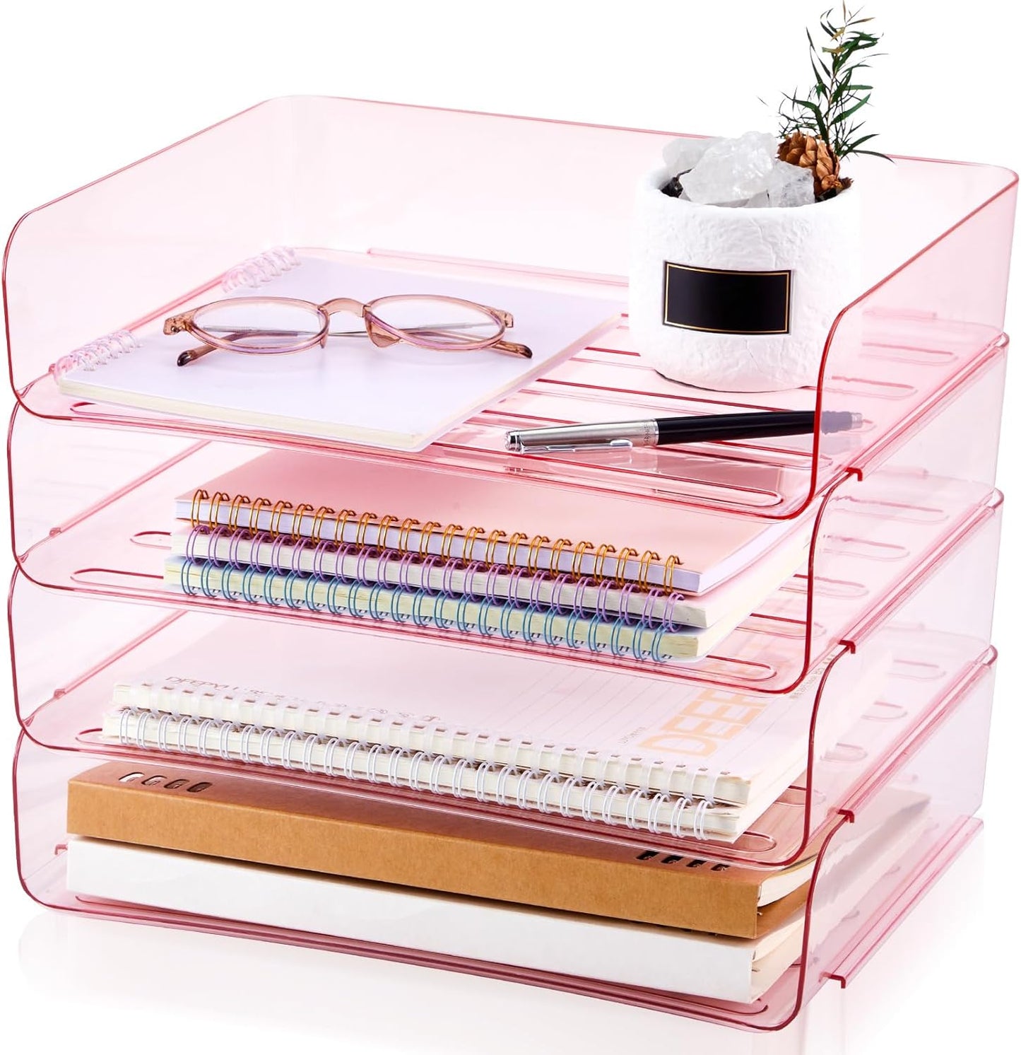 Harloon 4 Tier Paper Organizer Letter Tray Acrylic Desk File Organizer Heavy Duty Stackable Documents Clear Letter Paper Holder Sorter Office Tray for A4, Office Classroom Home File Pad Notebooks