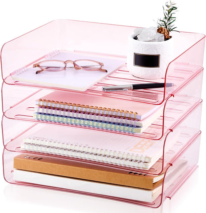 Harloon 4 Tier Paper Organizer Letter Tray Acrylic Desk File Organizer Heavy Duty Stackable Documents Clear Letter Paper Holder Sorter Office Tray for A4, Office Classroom Home File Pad Notebooks