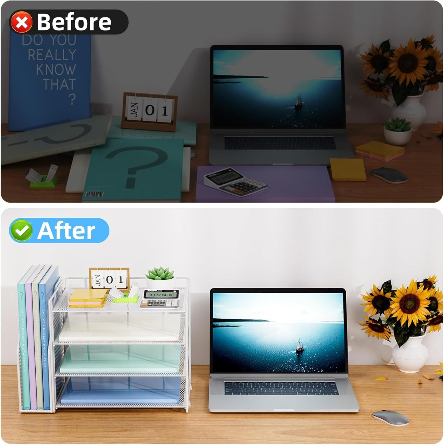 Marbrasse Desk Organizer and Accessories，4-Tier Paper Letter Tray Organizer with File Holder，Desk Accessories & Workspace Desktop Organizers for School Home Office Supplies (Blue)
