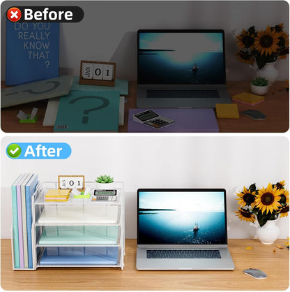 Marbrasse Desk Organizer and Accessories，4-Tier Paper Letter Tray Organizer with File Holder，Desk Accessories & Workspace Desktop Organizers for School Home Office Supplies (Blue)