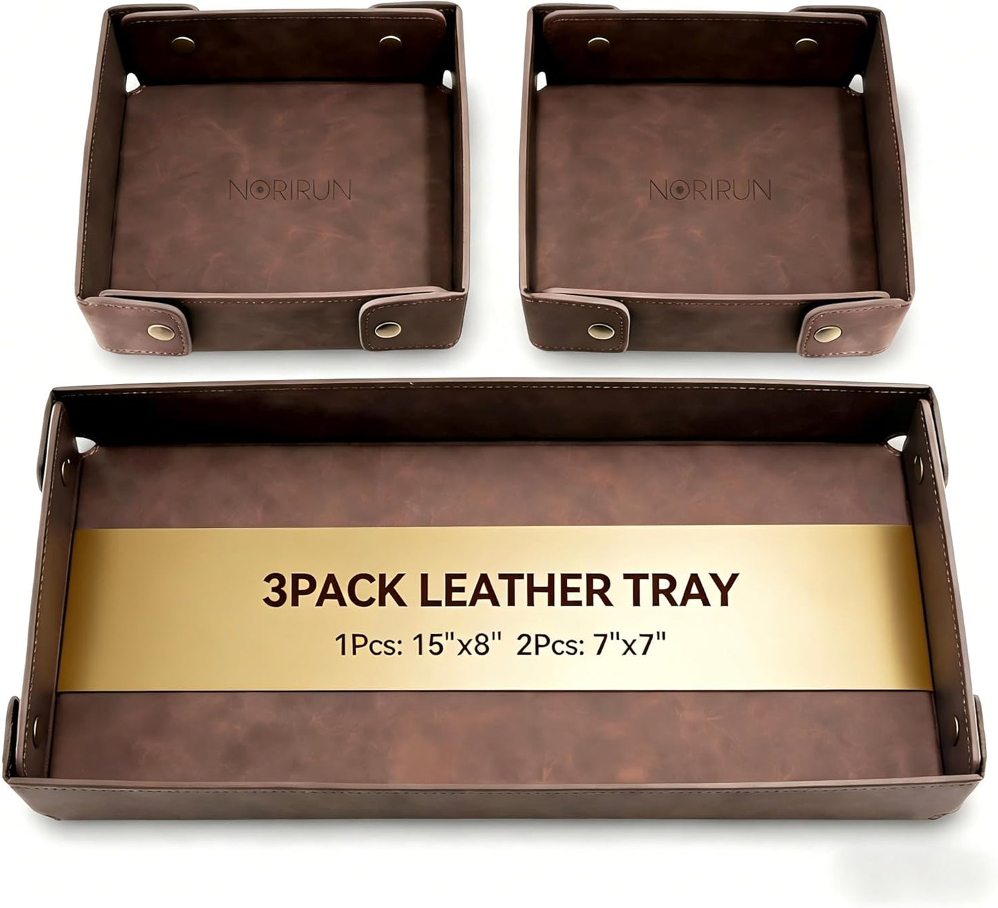 3Pack Mens Valet Tray, Foldable PU Leather Catch All Organizer for Desk, Entryway, Holds Keys, Wallet, Watch, Jewelry, Phone (Brown)