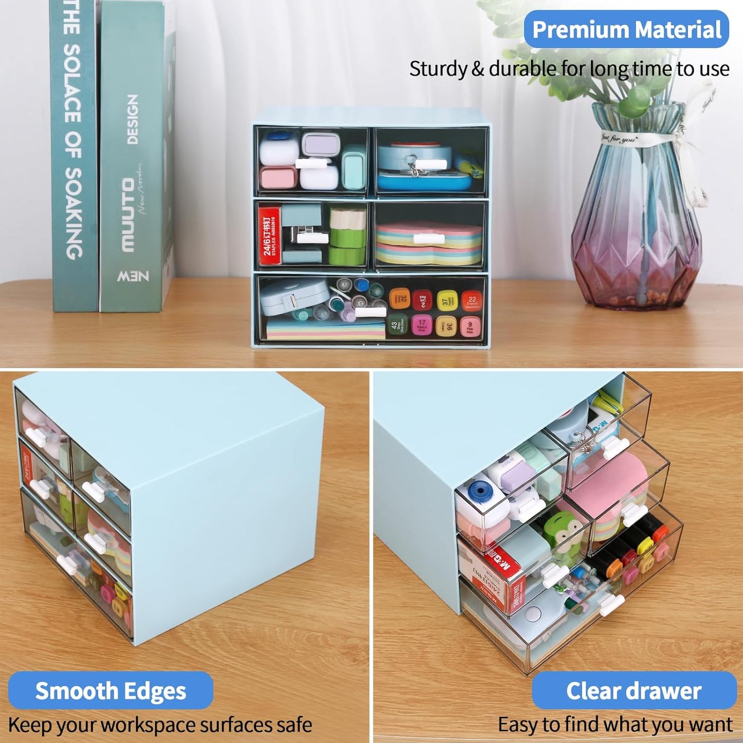 Desk Organizer with 5 Drawers, Rectangular Office Stationery Supplies Desktop Drawers, Plastic Makeup Storage, Suitable for Office, School, Home (Pink & 5 Drawers)