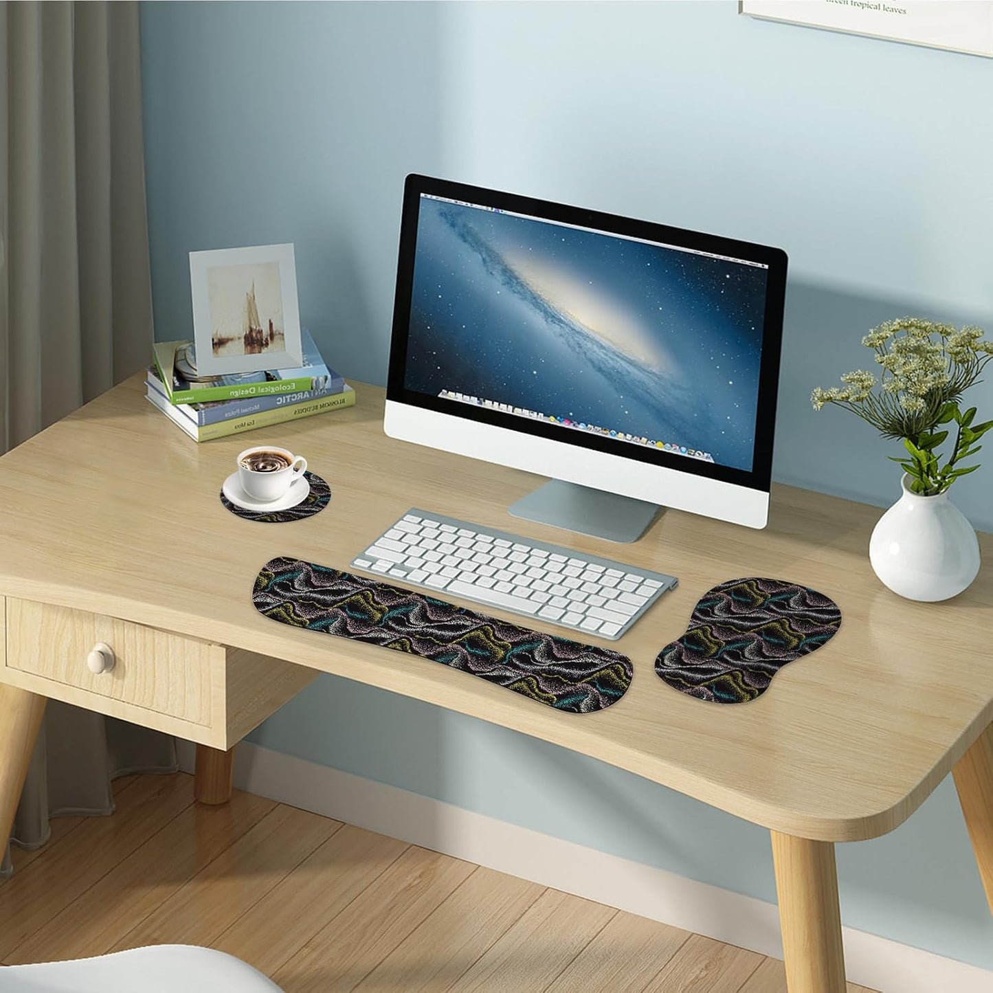 Wrist Rest Support for Mouse Pad Keyboard Set Circle Coaster Gaming Mouse Pad Ergonomic Gel Memory Foam Set for Computer, Laptop, Office, Pain Relief, Comfortably Typing Flowers KM-39