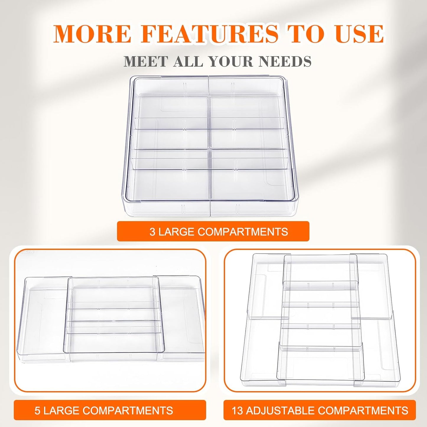 Briwooody 1 Pcs Large Expandable Acrylic Drawer Organizers, Grid Adjustable Drawer, Dividers Organizer for Desk, Makeup, Jewelry, Office, Kitchen Supplies (Clear,5 Compartments)