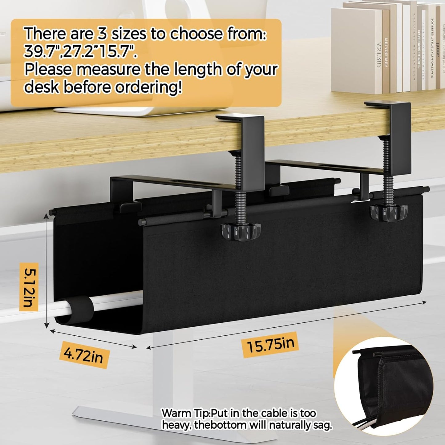 Under Desk Cable Management Tray 27.2" - No Drill Computer Wire Organizer Cable Tray, Cord Hider Clamp Mount with 16X Cable Ties PC Cables Management Cord Holder for Office/Home (Upgrade Fabric,White)
