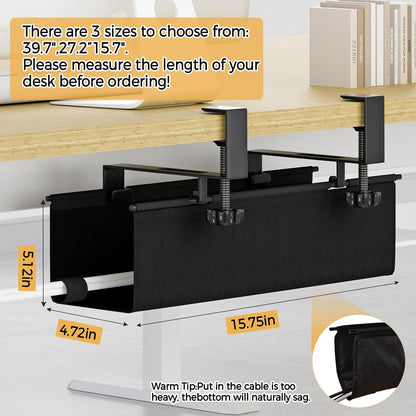 Under Desk Cable Management Tray 27.2" - No Drill Computer Wire Organizer Cable Tray, Cord Hider Clamp Mount with 16X Cable Ties PC Cables Management Cord Holder for Office/Home (Upgrade Fabric,White)