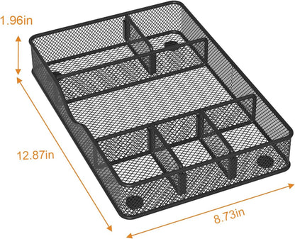 VyGrow Desk Drawer Organizer Tray, Metal Mesh Drawer Organizers Office, 6 Adjustable Compartment, Desk Organizer Tray for Home Office 12.87L x 8.73D x 1.96H inch, Black, 1PC Medium