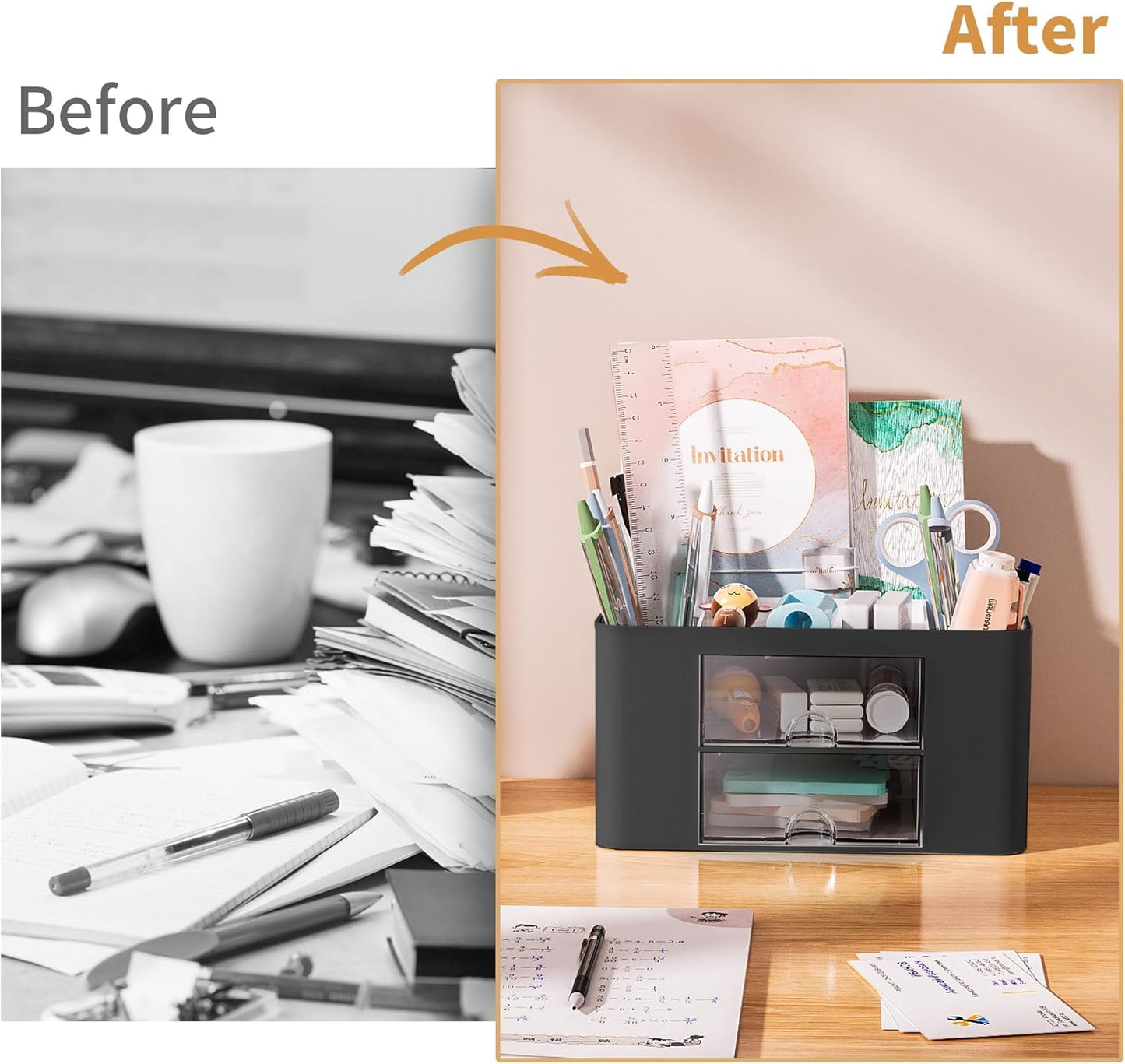 Marbrasse Pen Organizer with 2 Drawer, Multi-Functional Pencil Holder for Desk, Desk Organizers and Accessories with 5 Compartments + Drawer for Office Art Supplies (White)