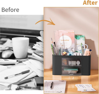 Marbrasse Pen Organizer with 2 Drawer, Multi-Functional Pencil Holder for Desk, Desk Organizers and Accessories with 5 Compartments + Drawer for Office Art Supplies (White)