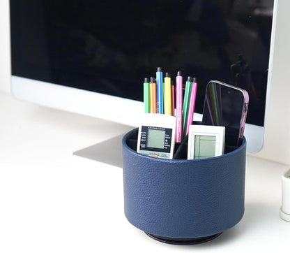 Hennaja Round Leather Art Supply Organizer,Remote Control Holder,360 Degree Rotating,Multi-Functional Pencil Holder,4 Compartments Desktop Stationary Organizer(1-Blue Bird) - Colors B