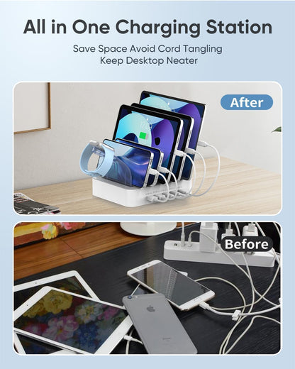 MSTJRY USB C Charging Station for Multiple Devices : 90W 5 Ports Multi Fast Charger for iPhone iPad Tablets Phone - Charging Dock Organizer with Adjustable Dividers for Home Office Classroom
