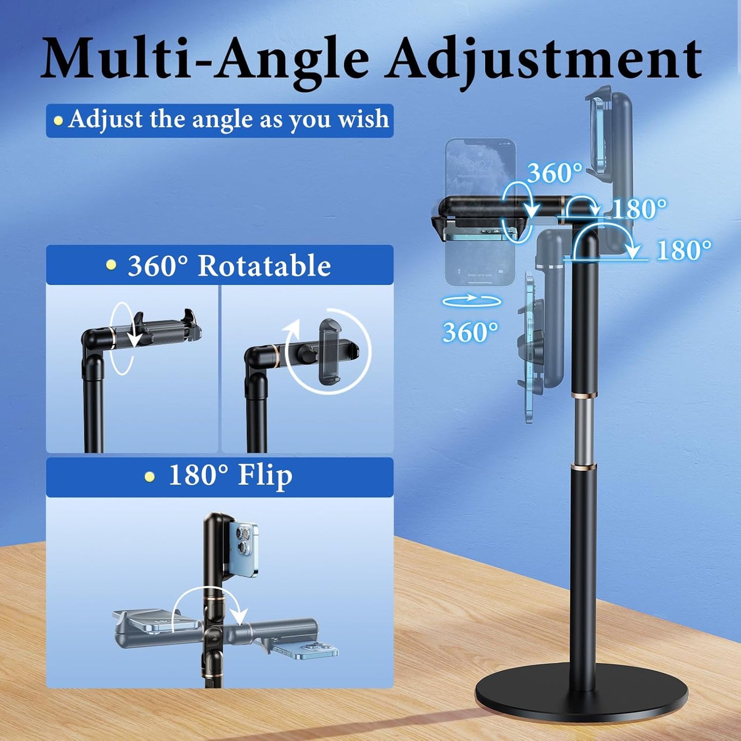 Retractable Phone Stand for Desk,10.2-24.4in Height Adjustable Rotating Phone Holder for Recording,Aluminium Overhead Phone Mount for iPhone & 4.7-7in Cell Phones