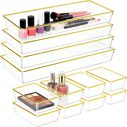 4 Pack Large Size Clear Stackable Drawer Organizer Trays, Gold Rim Makeup Drawer Storage Tray Divider, Desk Storage for Makeup, Jewelry, Bathroom, Stationary, Kitchen Utensils and Office Desk
