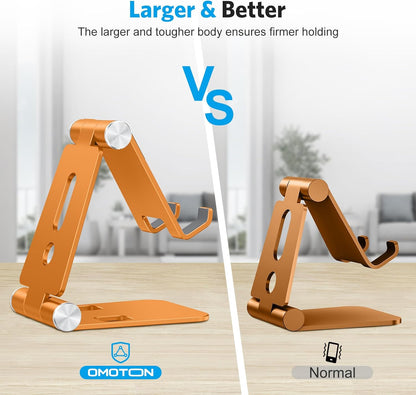 OMOTON Foldable Cell Phone Stand, C4 Portable Aluminum Phone Holder, Adjustable Phone Dock Cradle Compatible with iPhone 17/16/15 Pro Max Air, Samsung Galaxy, Small Tablets, All Smart Phones, Silver