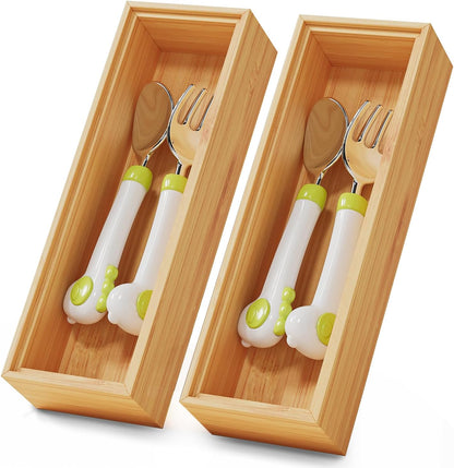 Bamboo Kitchen Drawer Organizer Set of 2, Stackable 15" x 6" Wood Silverware Utensil Tray for Drawers Bins, Cutlery & Flatware Storage – Wooden Boxes Organizers for Junk Drawer, Bathroom, RV