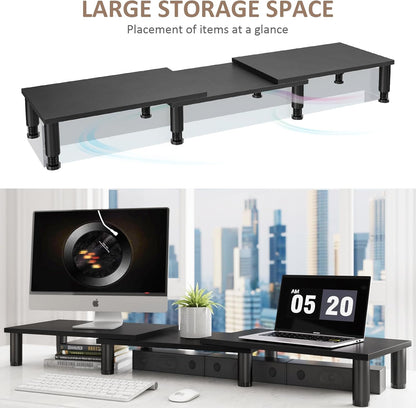 AX Waber Dual Monitor Riser - Adjustable Length & Angle, Wooden Stand for 2 Monitors with Storage